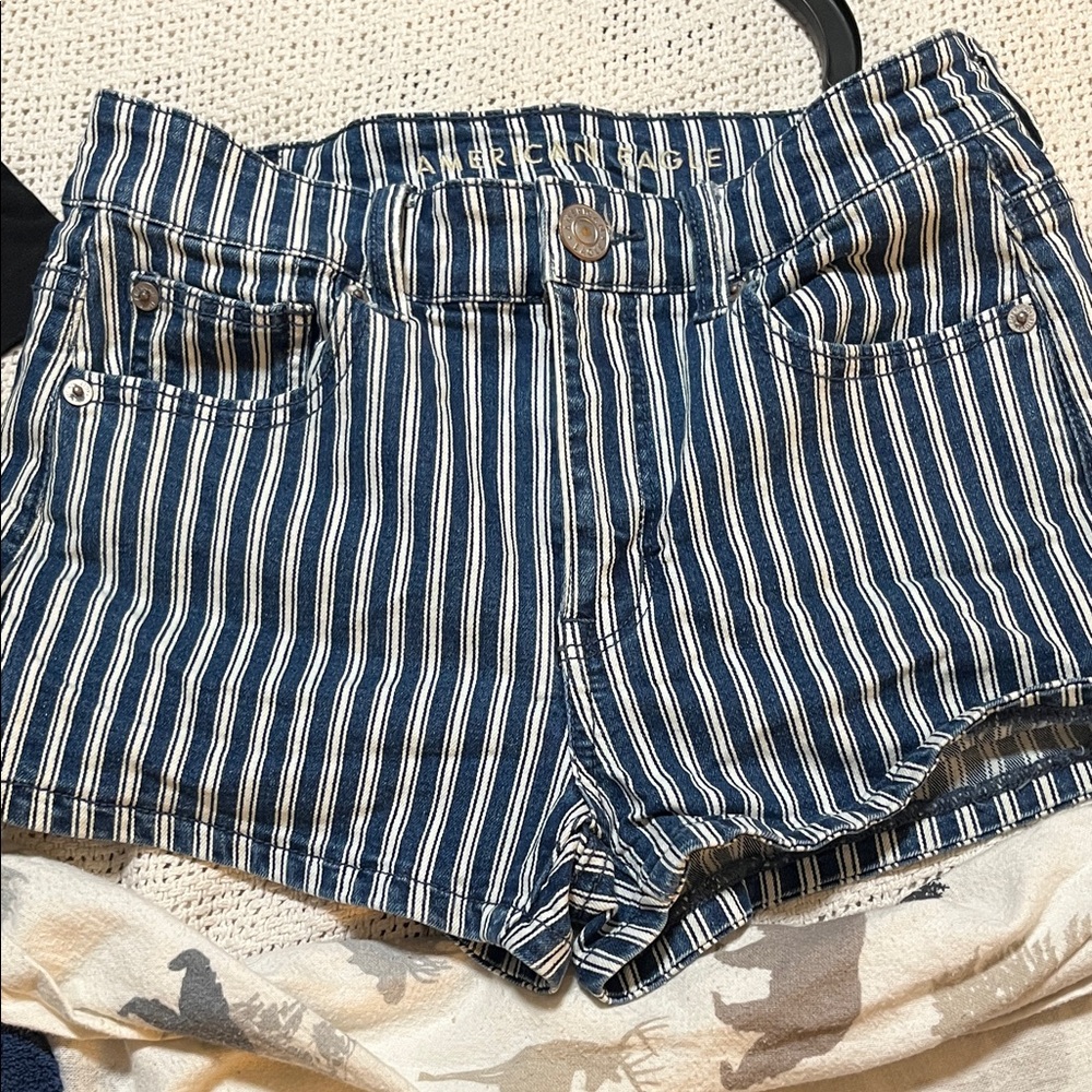 American Eagle Outfitters Navy and White Striped Jean Shorts